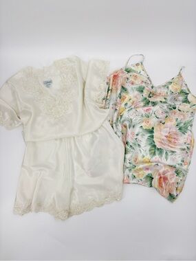 Vintage Etienne Ivory Pajama Short Set and Vintage Maxi Floral Pajama Dress
